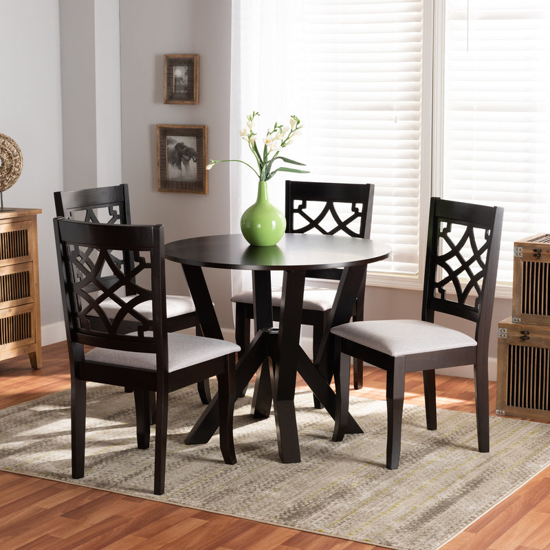 Alisa Dining Set Modern and Contemporary Grey Fabric Upholstered Dark Brown Finished Wood 5-Piece