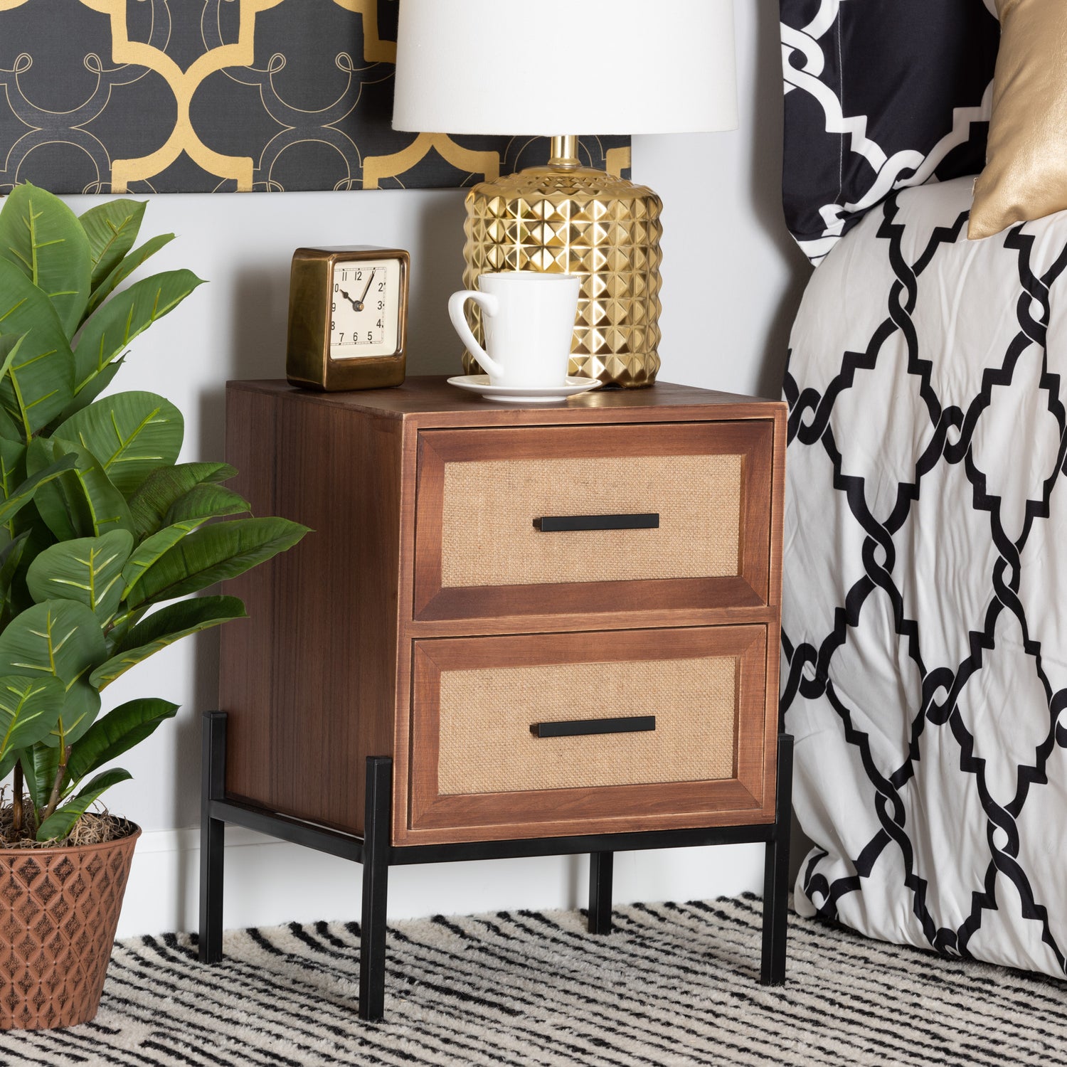 Paxley Mid-Century Modern Industrial End Table with 2 Drawers in Walnut Brown Wood and Beige Fabric Accent