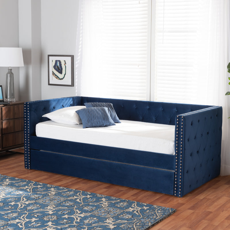 Larkin Daybed - Modern and Contemporary Navy Blue Velvet Fabric Upholstered with Trundle