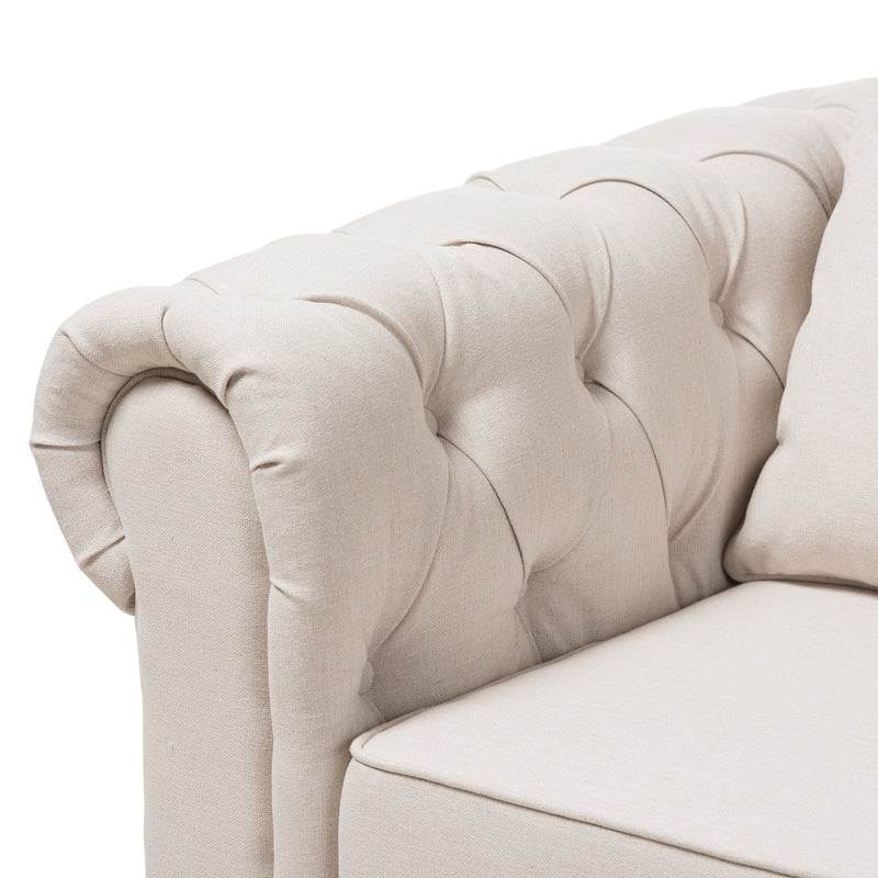 Alaise Loveseat Modern Classic Beige Linen Tufted Scroll Arm Chesterfield