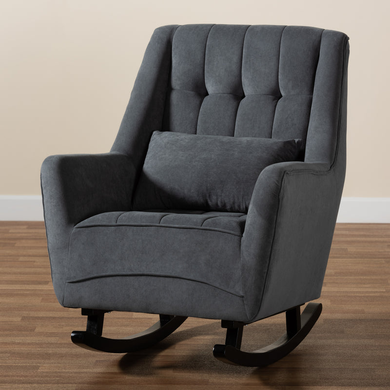 Elisa Rocking Chair Modern Contemporary Design Grey Fabric Upholstery Dark Brown Finished Wood Frame for Stylish Comfort