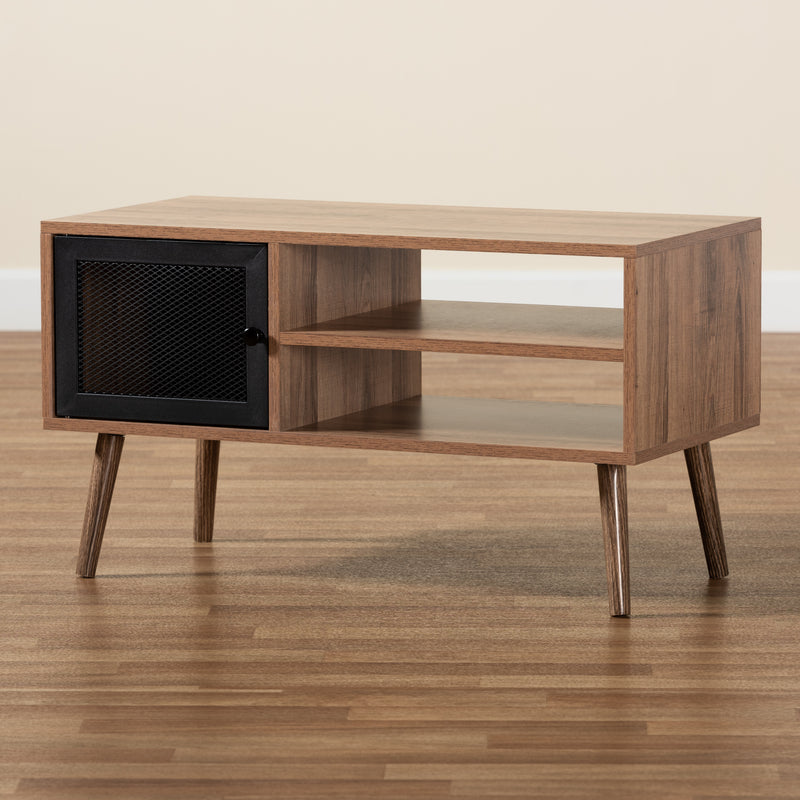 Yuna Coffee Table - Mid-Century Modern Design with Natural Brown Wood and Black Metal, Features 1-Door Storage Solution