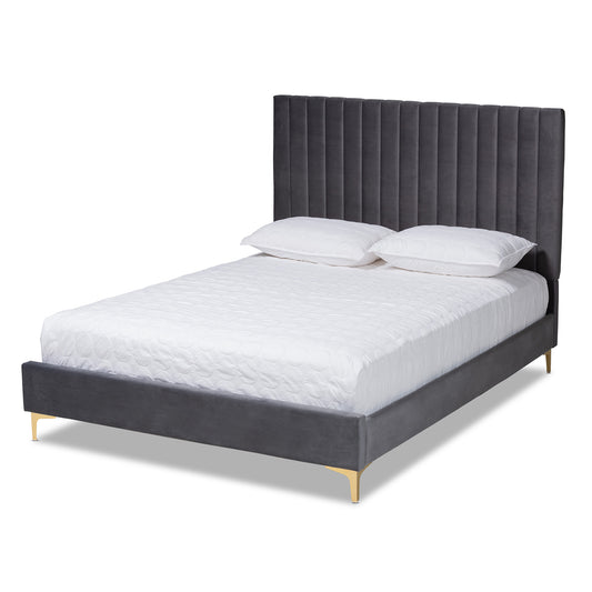 Serrano Platform Bed - Contemporary Glam and Luxe Grey Velvet Fabric Upholstered with Gold Metal