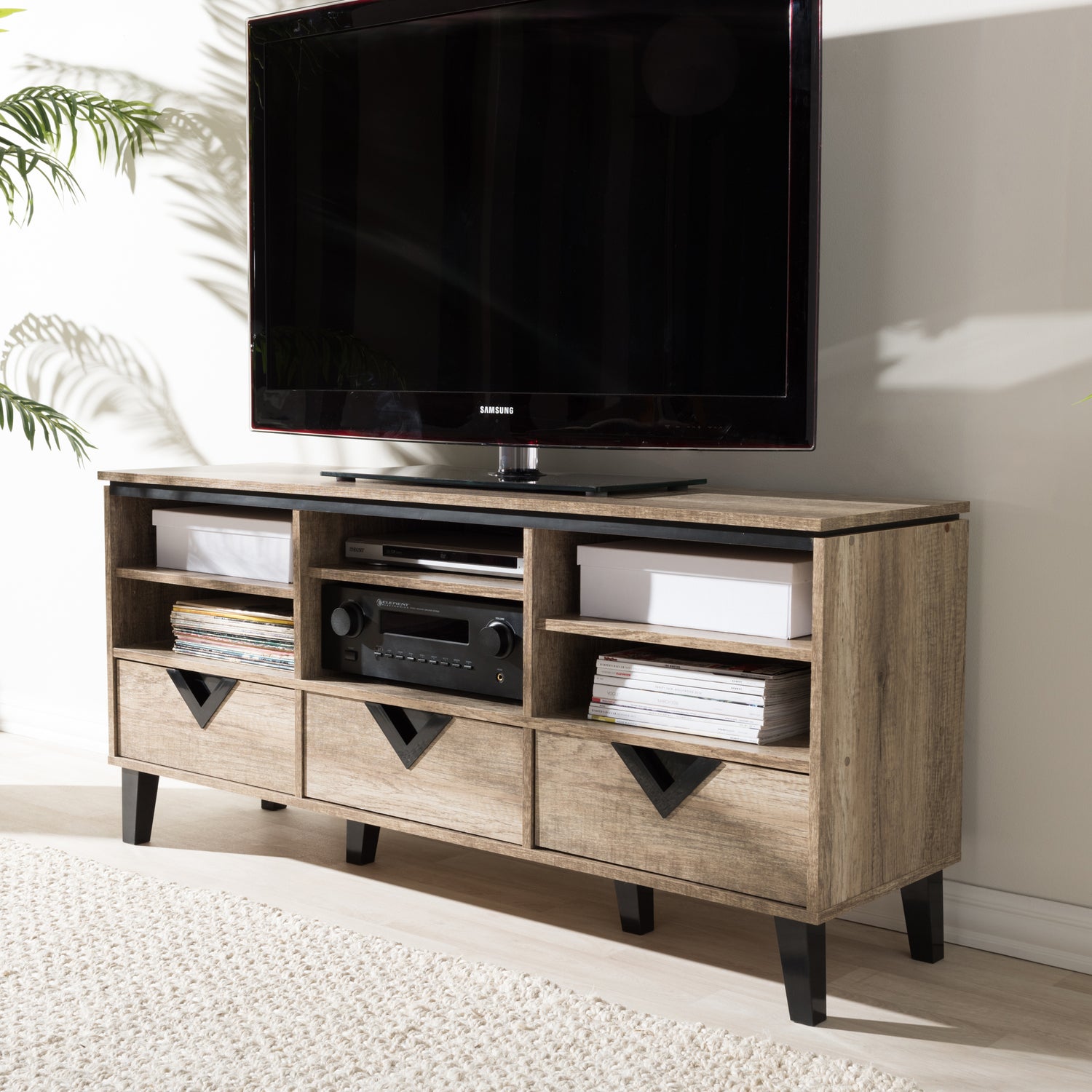 Wales Modern Light Brown Wood 55-Inch TV Stand with Storage and Cable Management Solutions