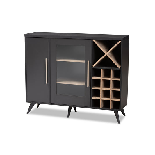 Pietro Wine Cabinet Mid-Century Modern Dark Grey and Oak Finished