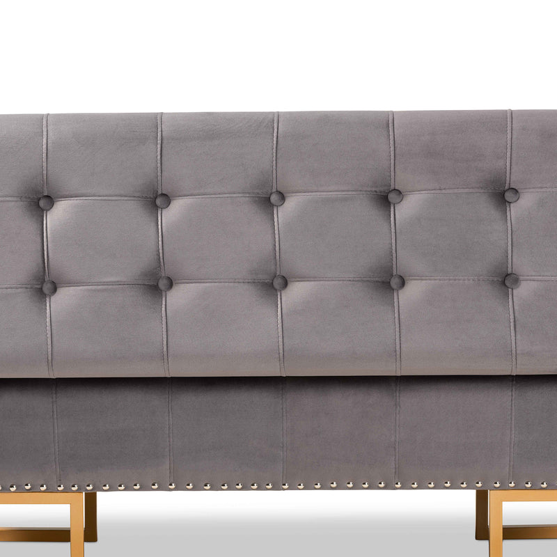 Ellery Ottoman Luxe and Glam Grey Velvet Fabric Upholstered Gold Finished Metal Storage