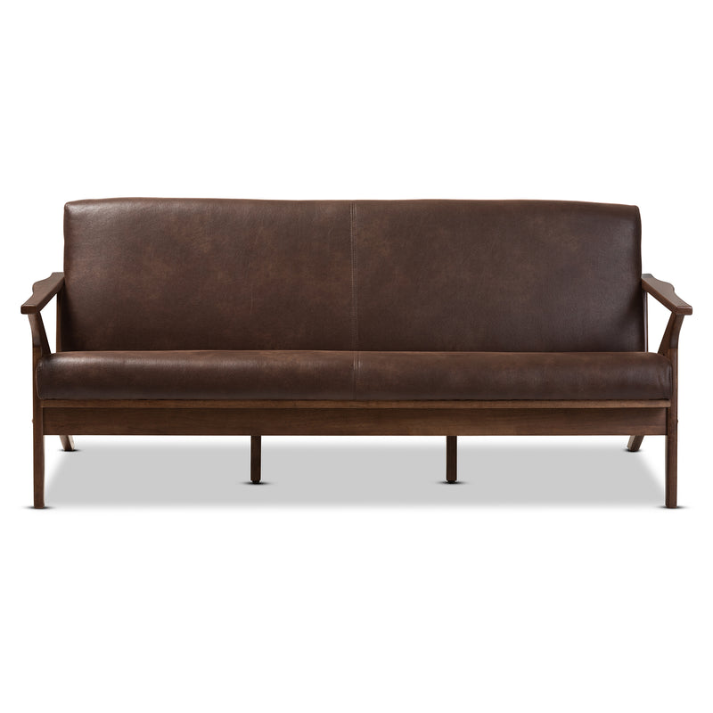 Bianca Sofa Mid-Century Modern Walnut Wood Dark Brown Distressed Faux Leather 3-Seater