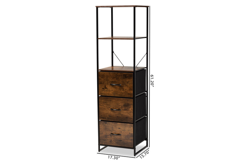 Hakan Modern Industrial 3-Drawer Storage Cabinet in Walnut Brown Wood and Black Metal for Stylish Organization