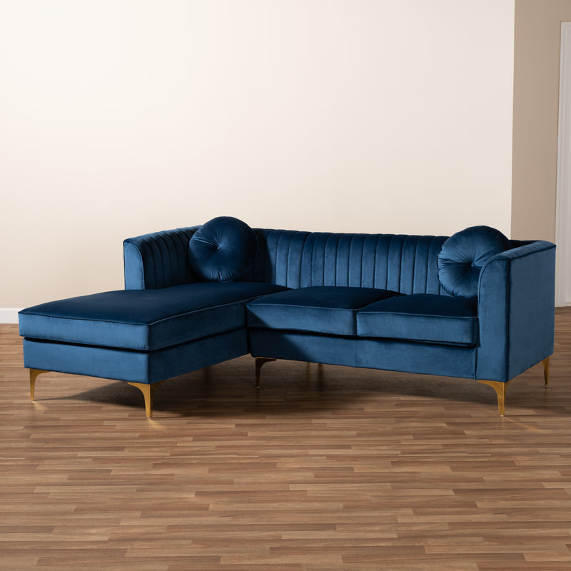 Giselle Glam Luxe Sectional Sofa Navy Blue Velvet Upholstered with Mirrored Gold Finish and Left Facing Chaise