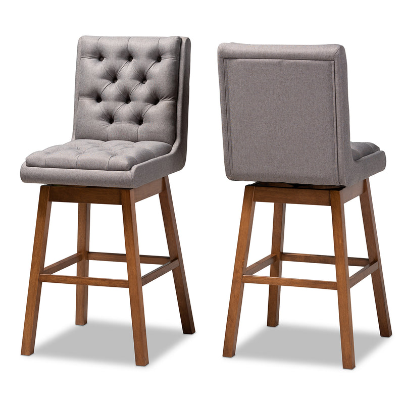 Gregory Bar Stool Set Modern Transitional Grey Fabric Upholstered and Walnut Brown Finished Wood 2-Piece