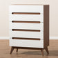 Calypso Mid-Century Modern 5-Drawer Storage Chest in White and Walnut for Stylish Organization and Home Décor