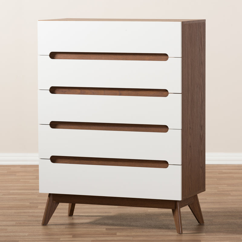 Calypso Mid-Century Modern 5-Drawer Storage Chest in White and Walnut for Stylish Organization and Home Décor