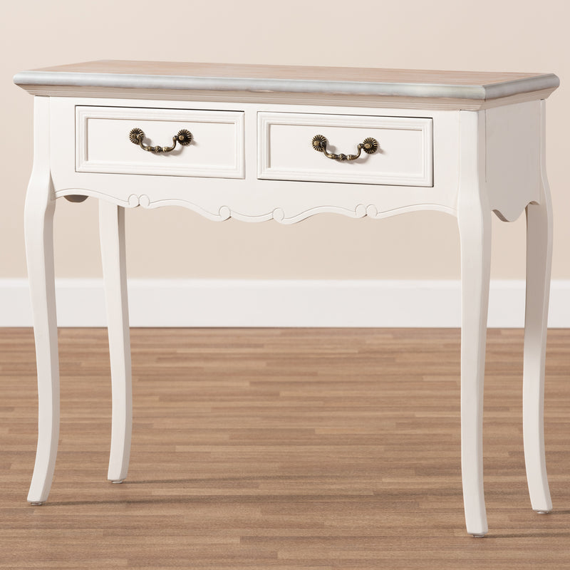 Capucine Console Table Antique French Country Cottage Style Two-Tone Whitewashed Oak and White Wood 2-Drawer Design