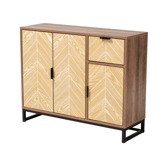 Josephine Sideboard Mid-Century Modern Design with Two-Tone Walnut and Natural Brown Wood, Black Metal Accents, and 3 Doors for Storage