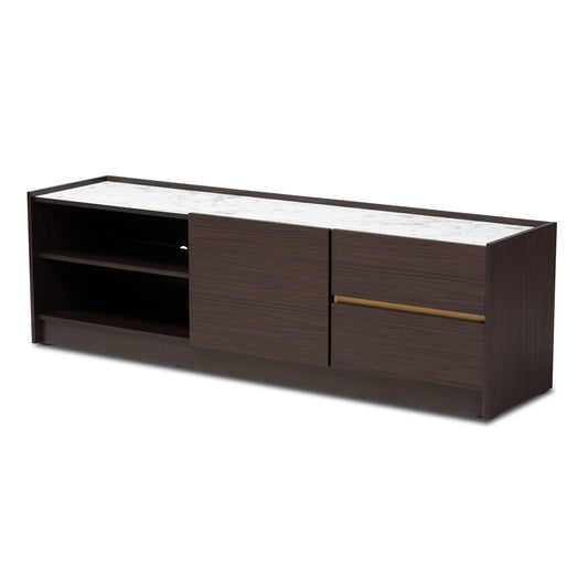 Walker Modern Contemporary TV Stand Dark Brown Gold Finished Wood Faux Marble Top for Stylish Living Room Storage Display