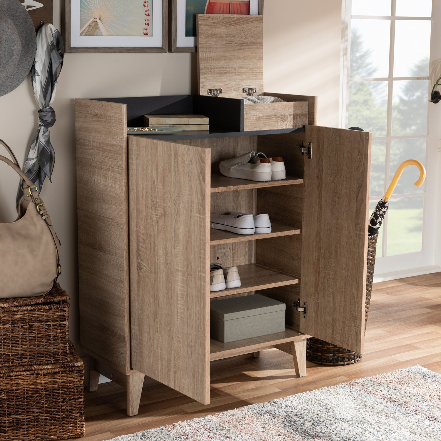 Fella Entryway Shoe Cabinet - Mid-Century Modern two-tone design in oak brown and dark gray with lift-top storage for organized footwear.