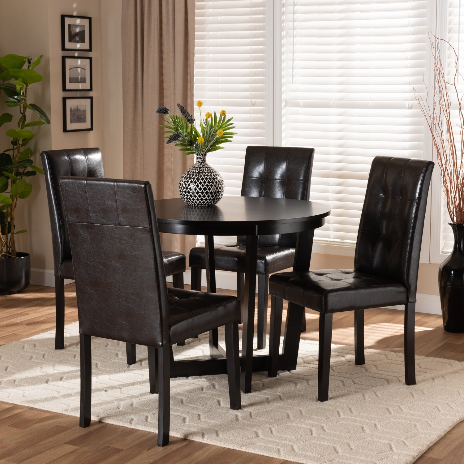 Vida Modern Contemporary 5-Piece Dining Set with Dark Brown Faux Leather Upholstery and Finished Wood