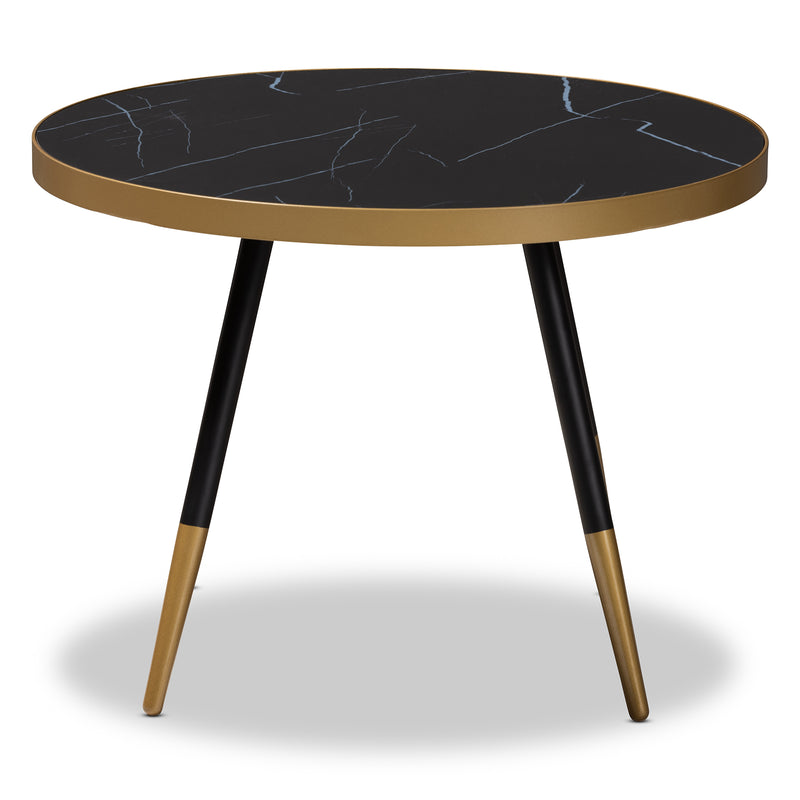 Lauro Coffee Table Modern Round Glossy Marble Design with Two-Tone Black and Gold Metal Legs Stylish Accent for Living Room or Lounge Area