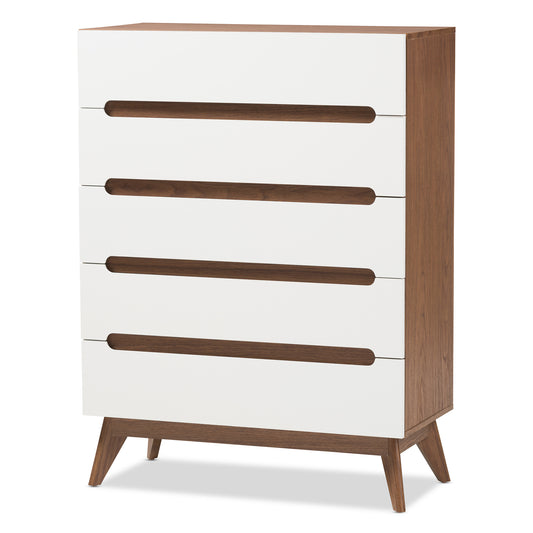 Calypso Mid-Century Modern 5-Drawer Storage Chest in White and Walnut for Stylish Organization and Home Décor