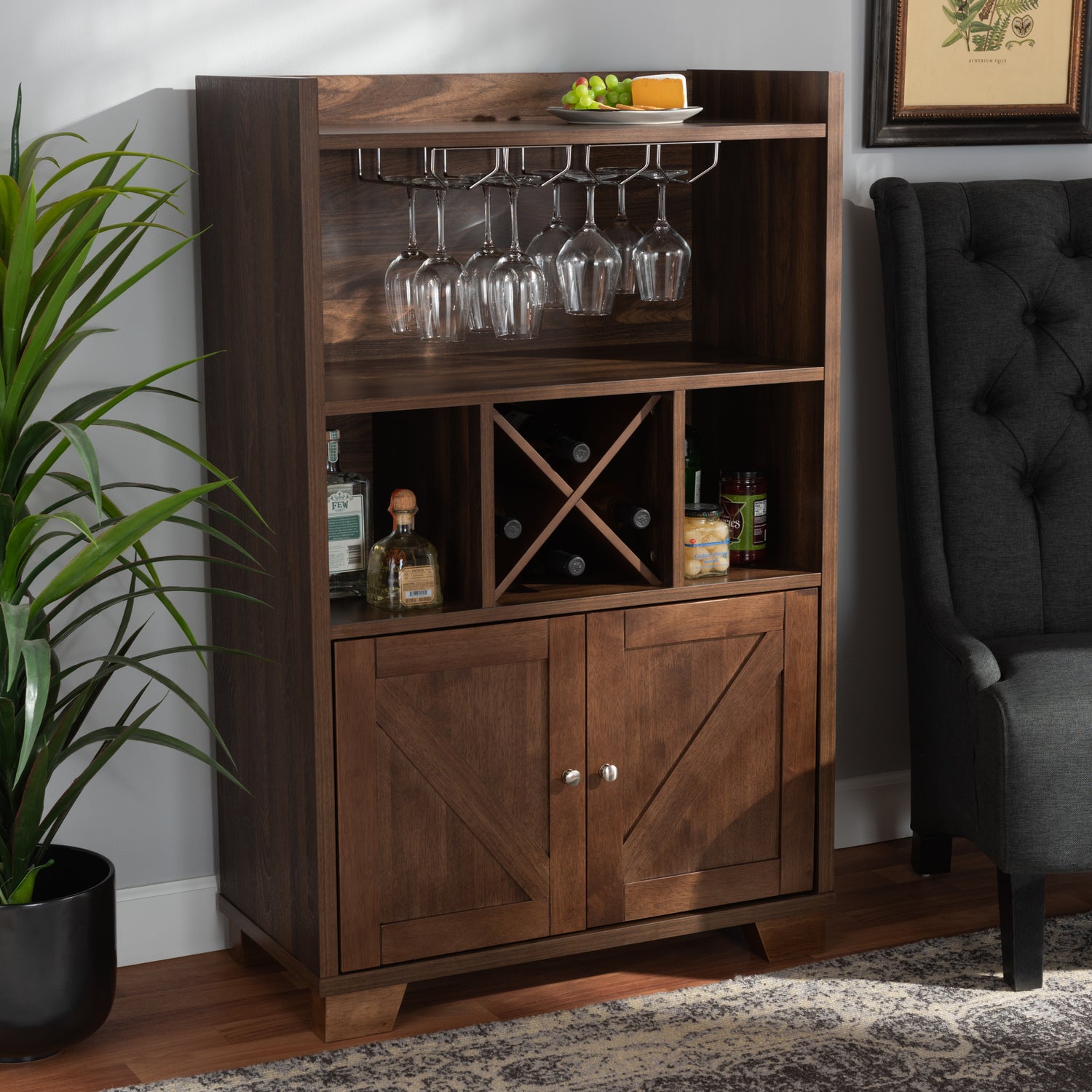 Carrie Wine Storage Cabinet Transitional Farmhouse Style in Walnut Brown Finished Wood