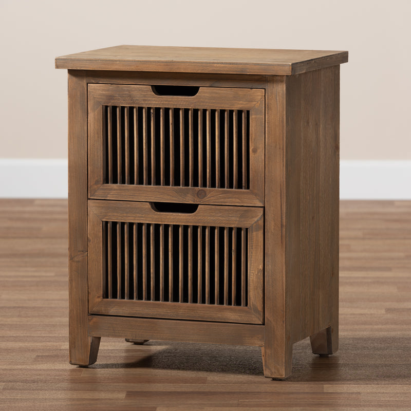 Clement Rustic Transitional End Table Medium Oak Finished Wood with 2 Drawers and Spindle Design