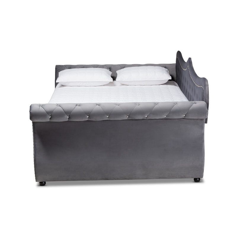 Abbie Daybed - Traditional and Transitional Grey Velvet Fabric Upholstered with Crystal Tufting