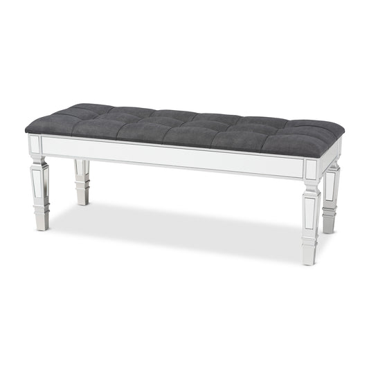 Hedia Accent Bench Contemporary Glam and Luxe Grey Fabric Upholstered Silver Finished Wood