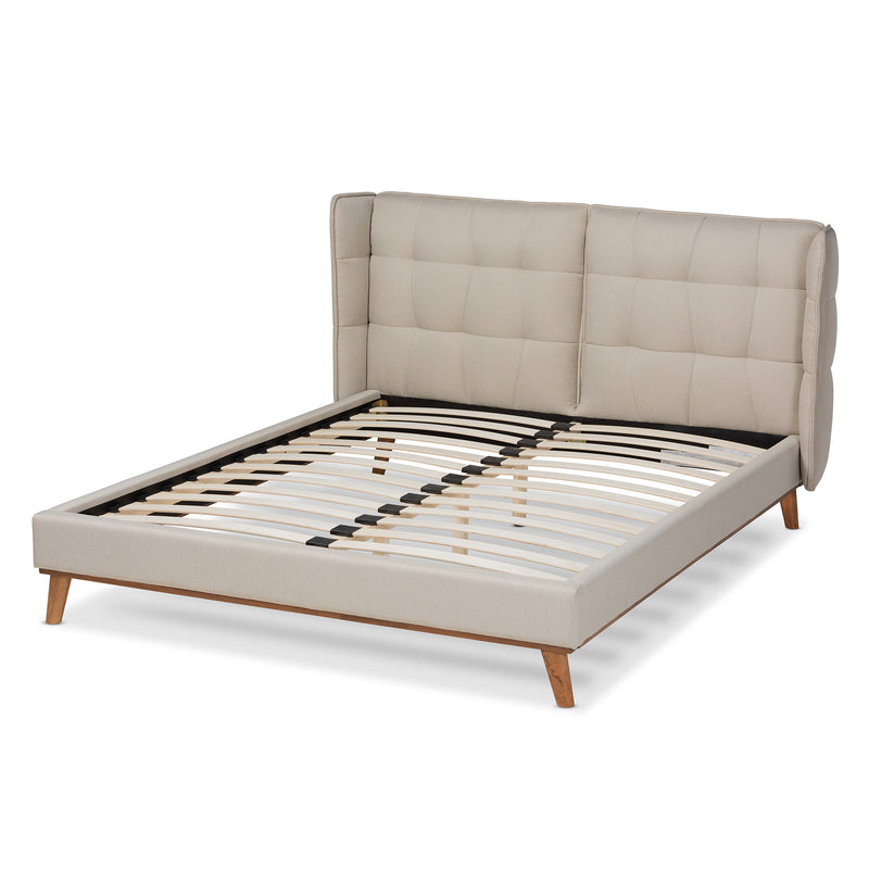 Gretchen Platform Bed - Modern and Contemporary Light Beige Fabric Upholstered with Walnut Brown Finished Wood