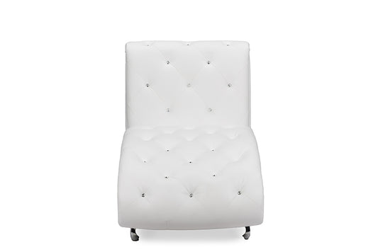 Pease Contemporary Chaise Lounge White Faux Leather with Crystal Button Tufting and Upholstered Design