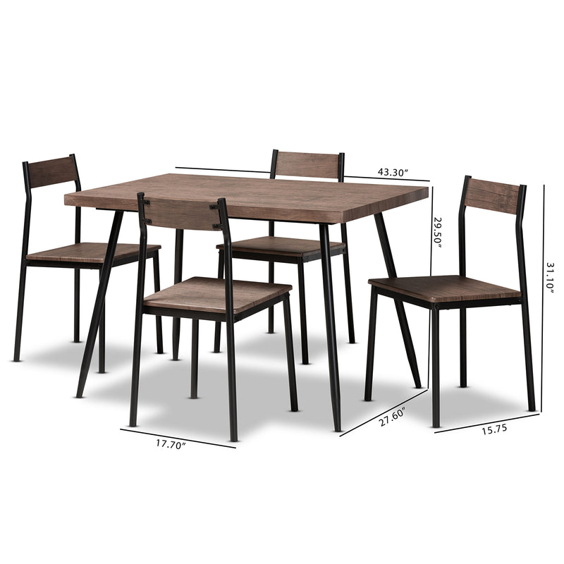 Mave 5-Piece Dining Set in Modern Contemporary Style with Walnut Wood and Black Metal Accents