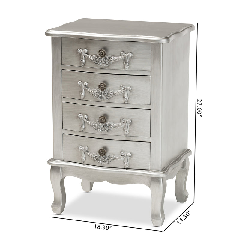 Callen End Table Classic and Traditional Brushed Silver Finished Wood 4-Drawer