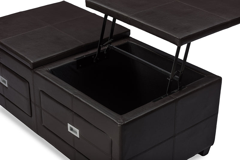 Indy Modern Contemporary Lift-Top Cocktail Ottoman Table with Storage Drawers and Serving Tray for Versatile Living Room Use