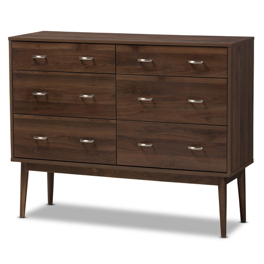 Disa Mid-Century Modern Dresser Walnut Brown 6-Drawer Storage Solution for Stylish Bedrooms