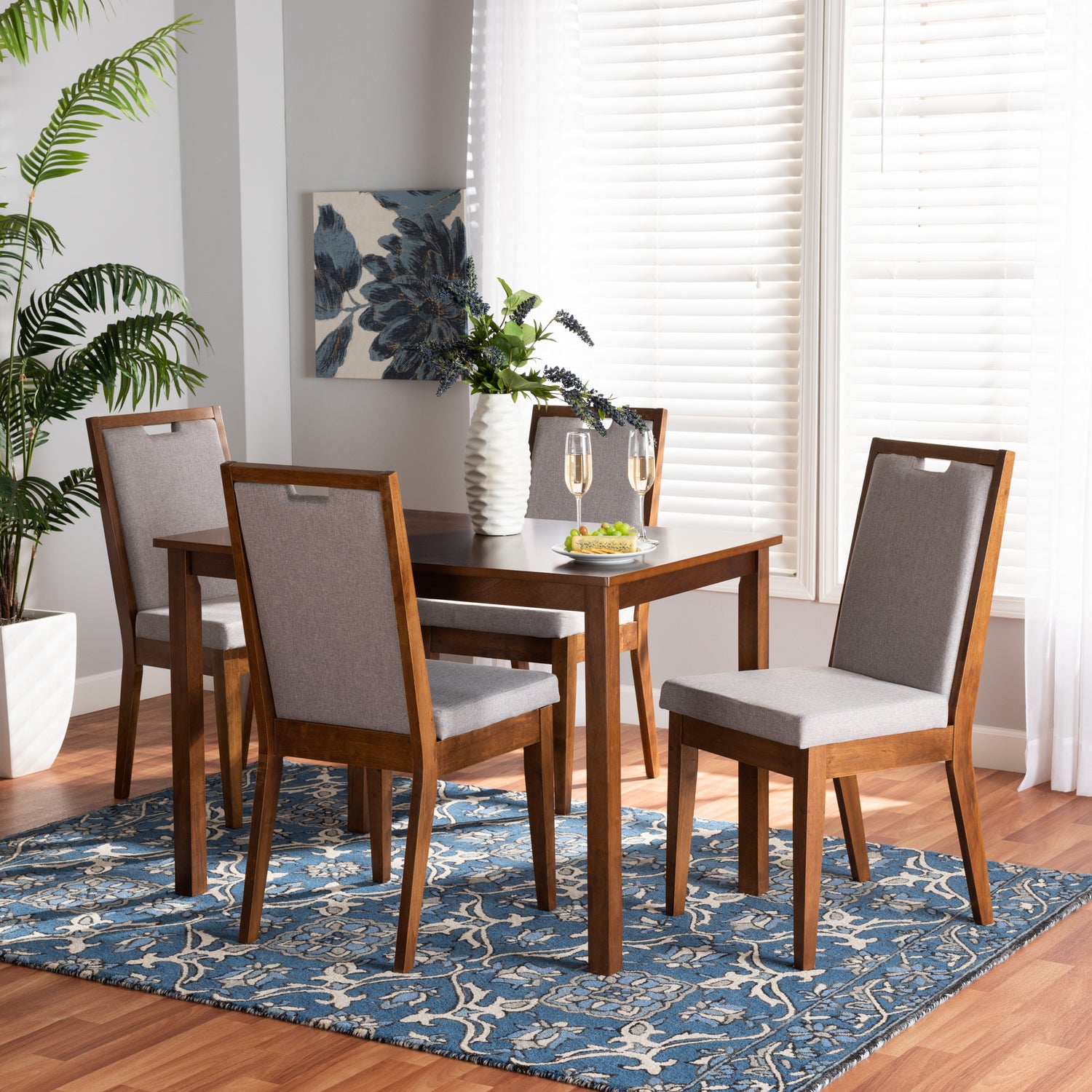 Rosa Dining Set Modern and Contemporary Grey Fabric Upholstered Walnut Brown Finished Wood 5-Piece