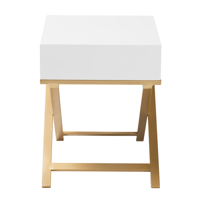 Lilibet End Table Modern Glam Luxe Design White Finished Wood Gold Metal 1 Drawer for Stylish Storage