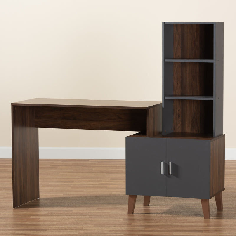 Jaeger Storage Desk - Modern Two-Tone Walnut Brown and Dark Grey Wood with Shelves for Home Office Organization