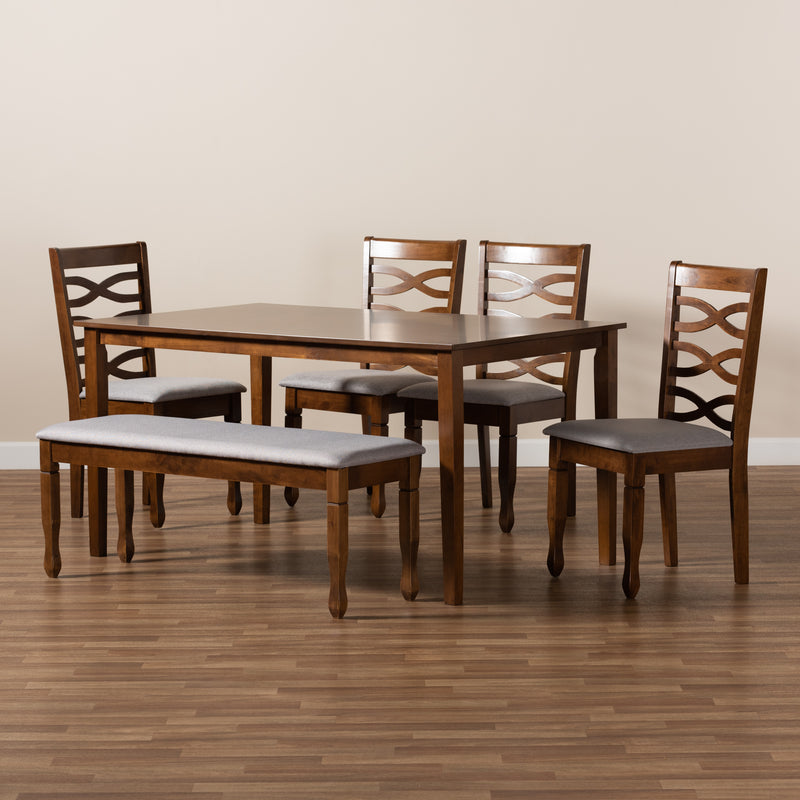 Lanier 6-Piece Dining Set Modern Grey Fabric Upholstered Chairs with Walnut Brown Finished Wood Table