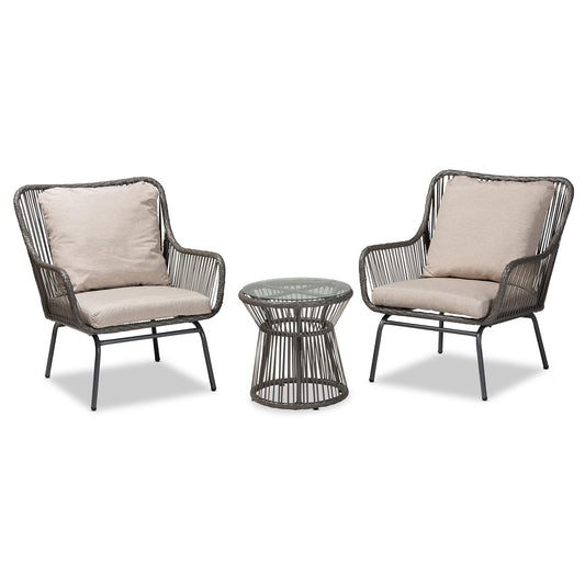 Dermot Patio Set Modern 3-Piece Seating with Beige Fabric and Grey Synthetic Rattan Upholstery for Outdoor Spaces