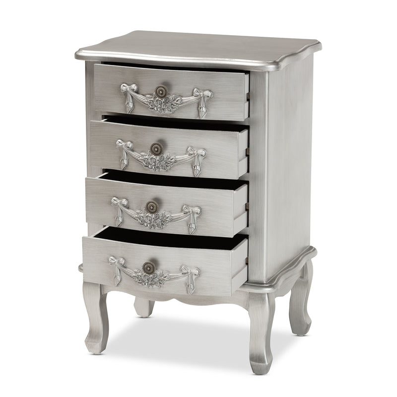 Callen End Table Classic and Traditional Brushed Silver Finished Wood 4-Drawer