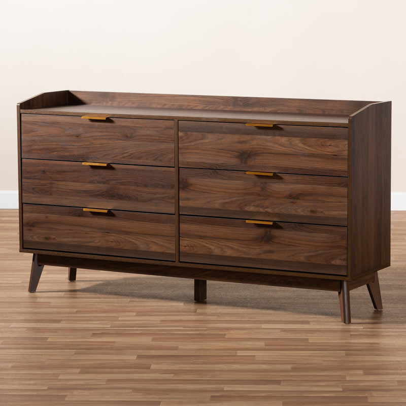 Lena Mid-Century Modern Dresser Walnut Brown 6-Drawer Wood Storage Cabinet for Bedroom or Living Room