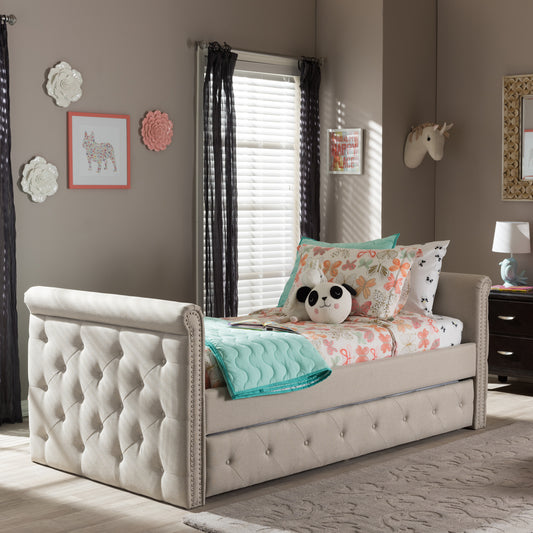 Swamson Daybed - Modern and Contemporary Beige Fabric Tufted with Roll-out Trundle Guest Bed