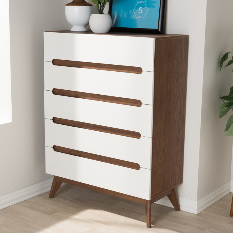 Calypso Mid-Century Modern 5-Drawer Storage Chest in White and Walnut for Stylish Organization and Home Décor