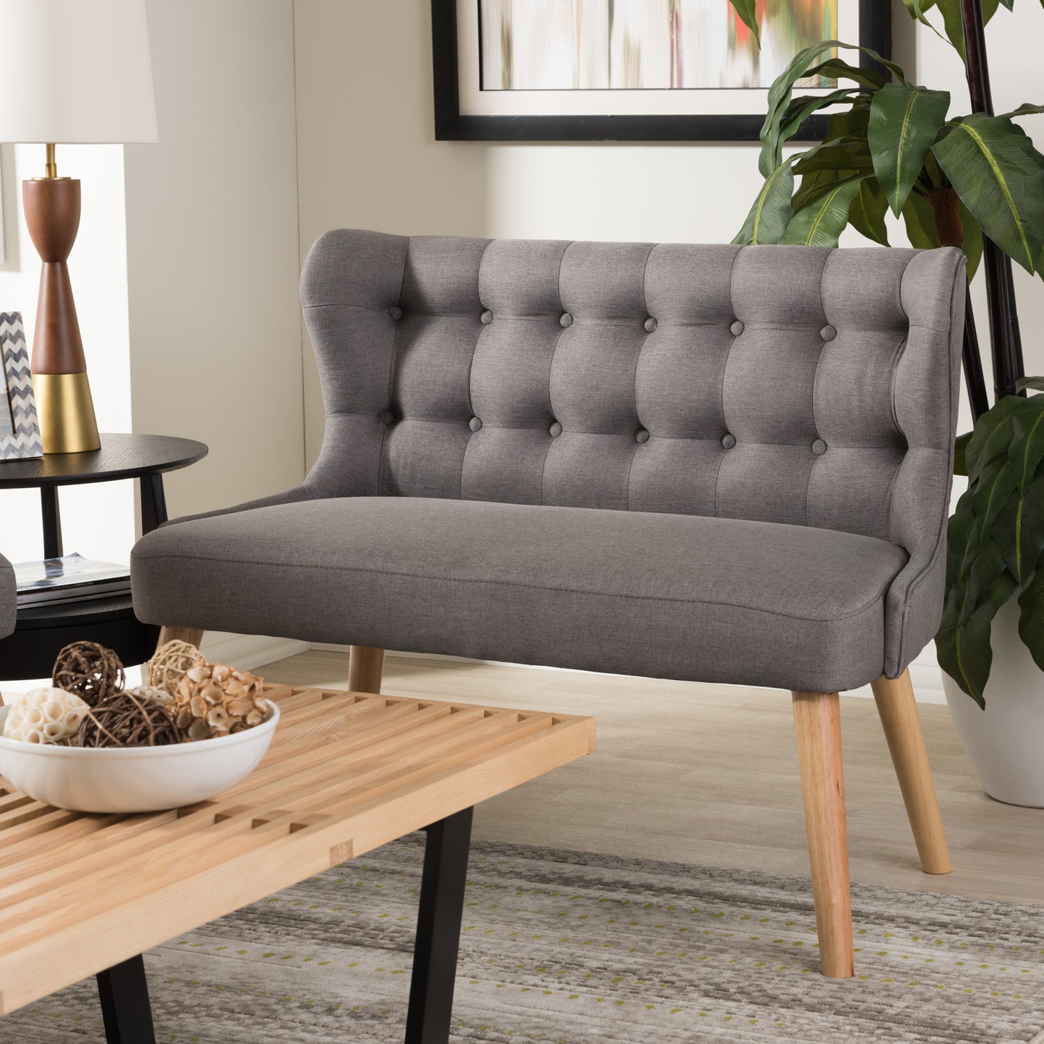 Melody 2-Seater Settee Bench in Mid-Century Modern Style with Grey Fabric and Natural Wood Finish