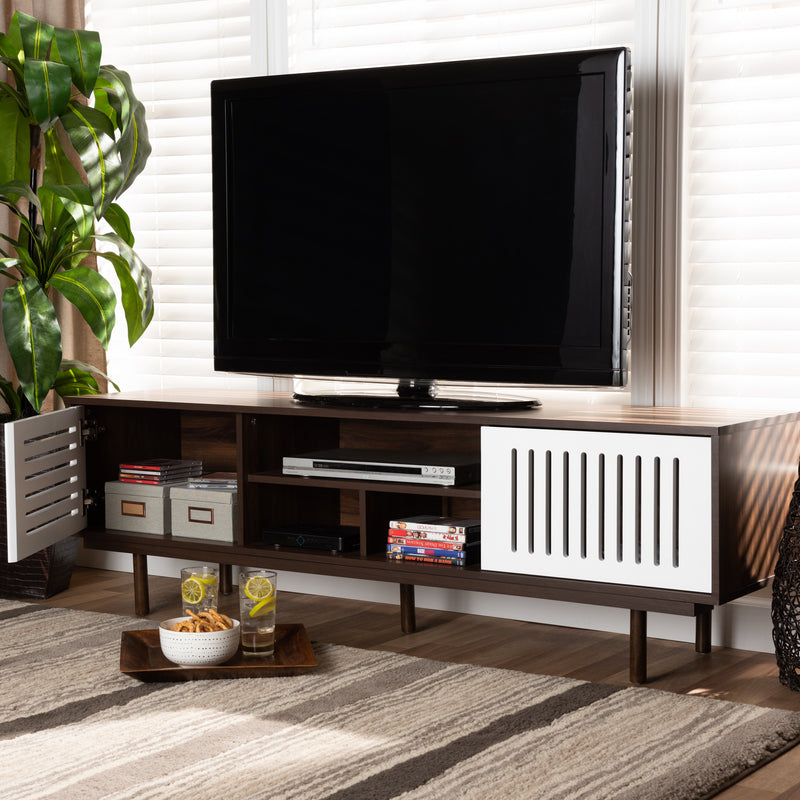 Meike Mid-Century Modern TV Stand Two-Tone Walnut Brown and White, Stylish Entertainment Center for Living Room and Media Storage