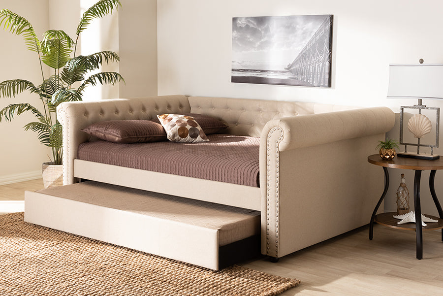 Mabelle Daybed - Modern and Contemporary Beige Fabric Upholstered with Trundle