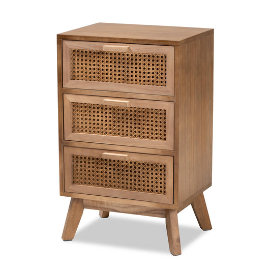 Baden Mid-Century Modern End Table Walnut Brown Wood with 3 Drawers and Rattan Accents