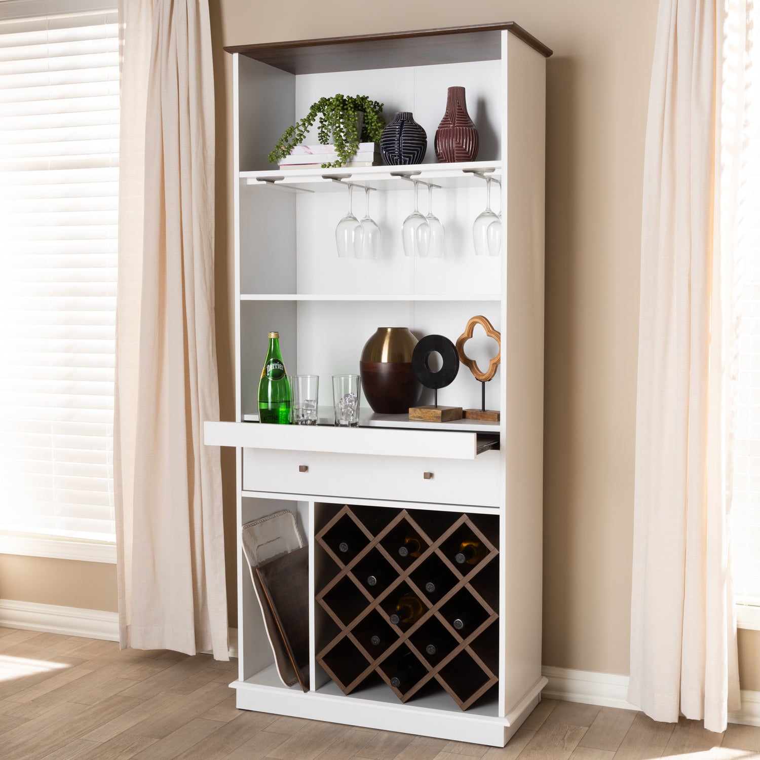 Mattia Wine Cabinet - Mid-Century Modern White and Walnut Wood for Stylish Wine Bottle and Glassware Storage and Display