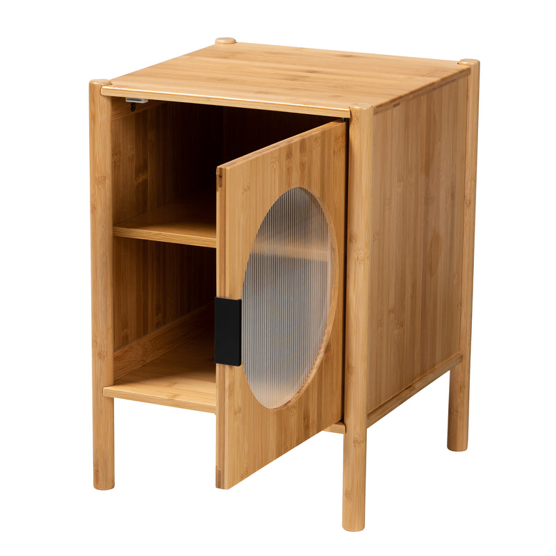 Naresh Mid-Century Modern End Table Natural Brown Bamboo Wood with 1 Door for Stylish Storage