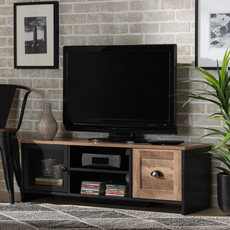 Connell TV Stand - Modern Industrial Design with Two-Tone Brown and Black Wood, Featuring 2 Doors for Storage