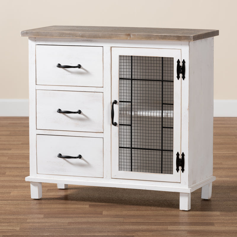 Faron Storage Cabinet Classic Farmhouse Style Two-Tone Distressed White and Oak Finish with 3 Drawers for Organized Storage